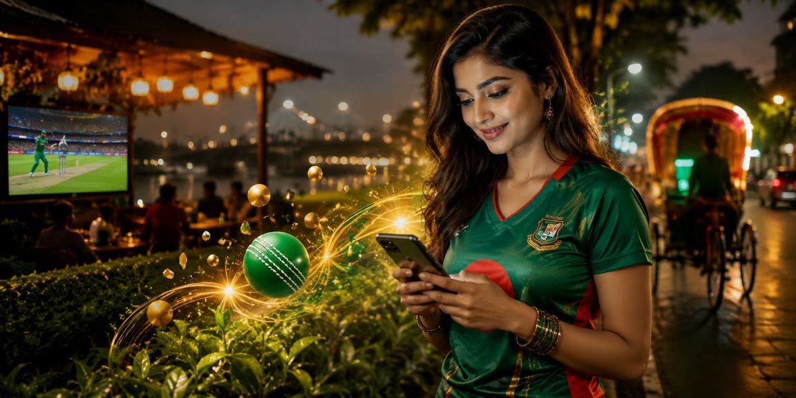 A user betting on bdrich from a mobile phone, set against a Dhaka tea garden backdrop
