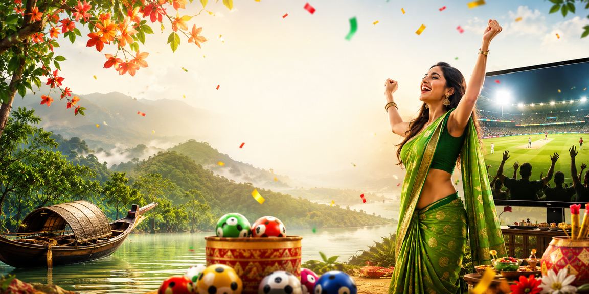 A woman in a saree placing cricket bets on her mobile with the Sundarbans in the background