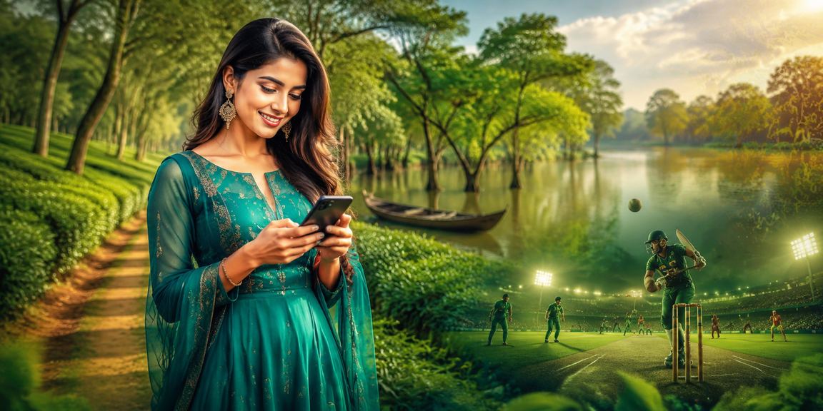 A Bangladeshi user enjoying cricket betting against a backdrop of Sylhet's tea gardens